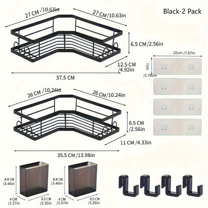 Corner Shower Caddy 2 Pack Adhesive No Drilling – Stainless Steel Shower Corner Shelf Organizer with Hooks & Toothpaste Holder for Bathroom, Kitchen & Dorm Storage