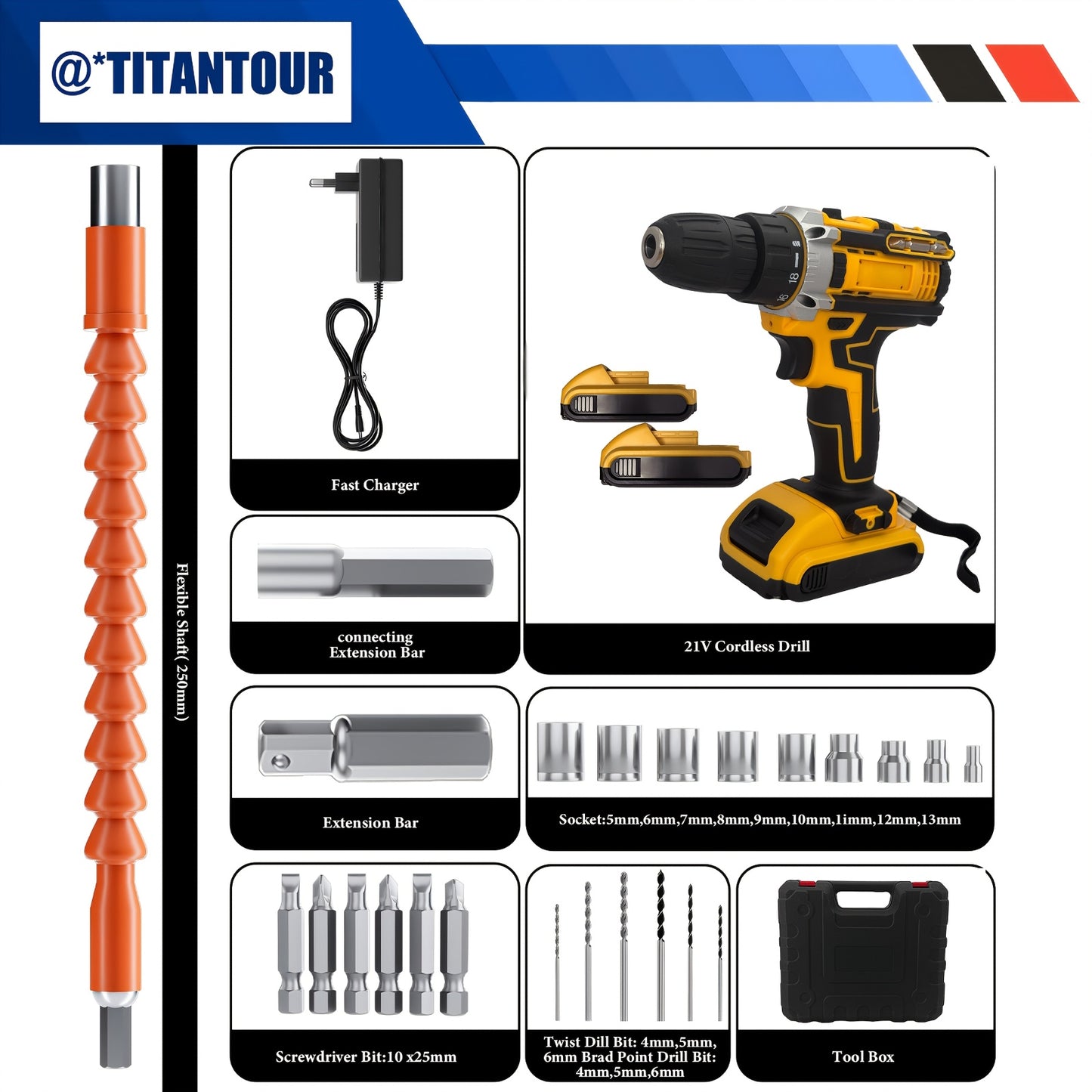 21V Brushless Cordless Drill Set 24-Piece with 2 Lithium Batteries Fast Charger 18+1 Torque Settings 10mm Keyless Chuck Chrome Vanadium Drill Bits