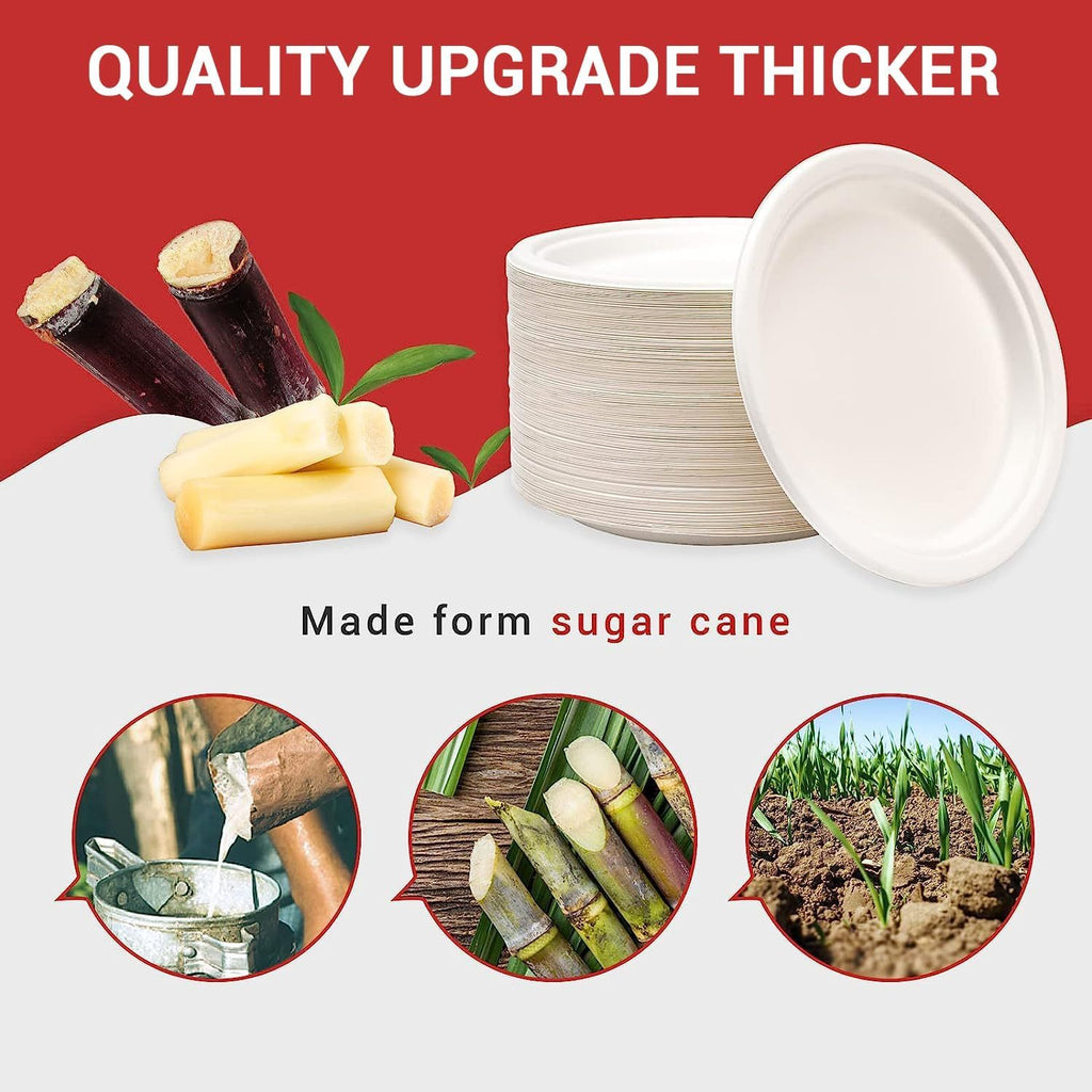 MTC 100-Pack 9 Inch Disposable Plates Round Paper Plates 100%Heavy Duty Sugarcane Fibers Plates 9" Plate for Daily Meals, Party, BBQ