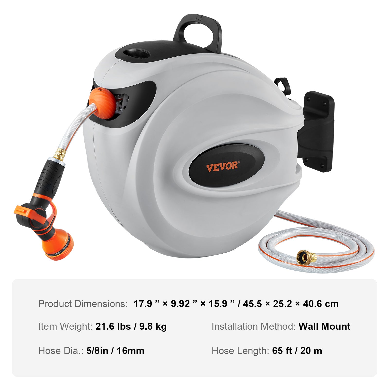 VEVOR Retractable Hose Reel Water Hose Reel 65'x5/8" / 84'x5/8" / 100'x1/2" / 115'x1/2" / 130'x1/2" 180° Swivel Wall-Mounted