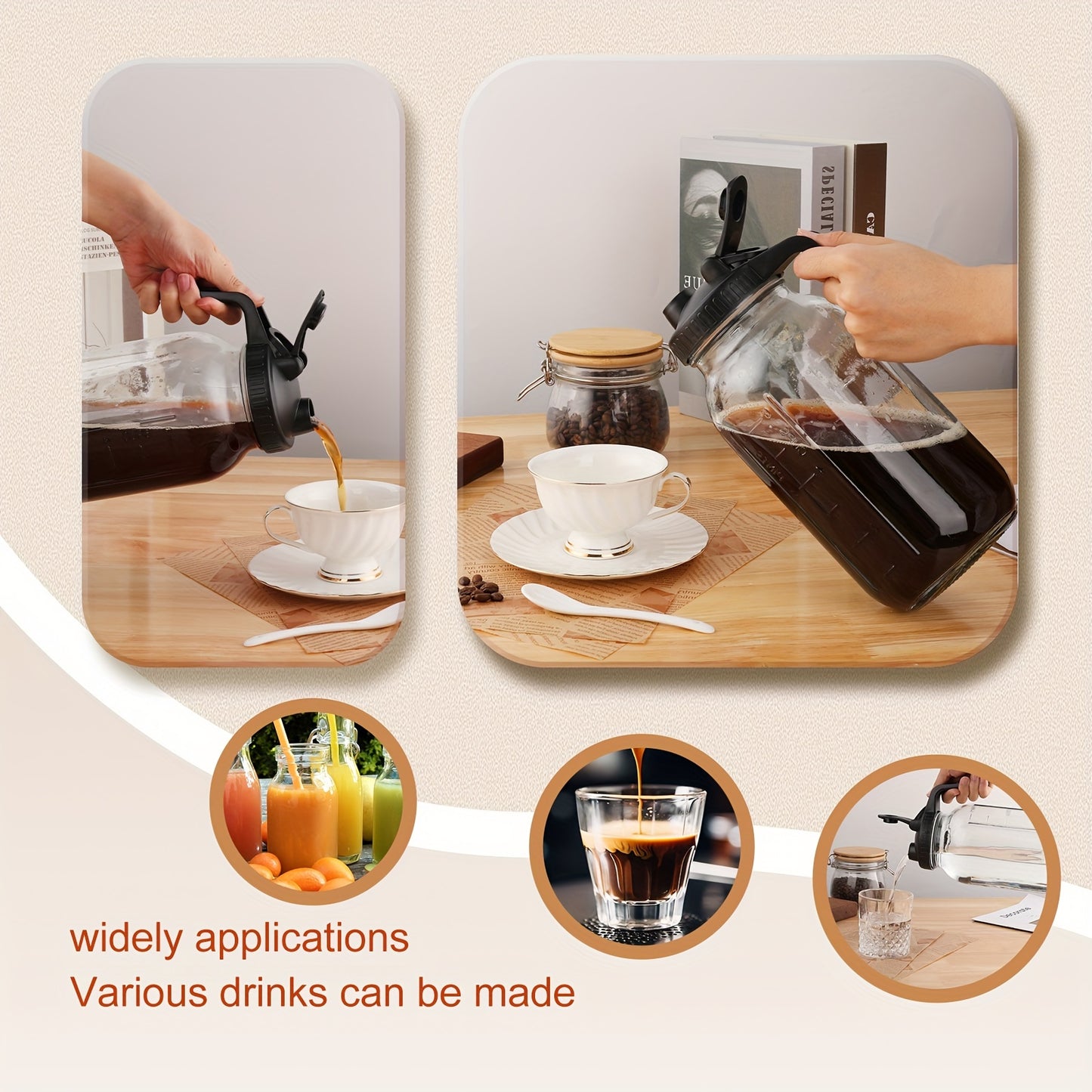 Cold Brew Coffee Maker Mason Jar Jug with Lid – Chilled Coffee Brewer for Smooth Iced Coffee & Cold Brew at Home, Airtight Seal, Easy to Use