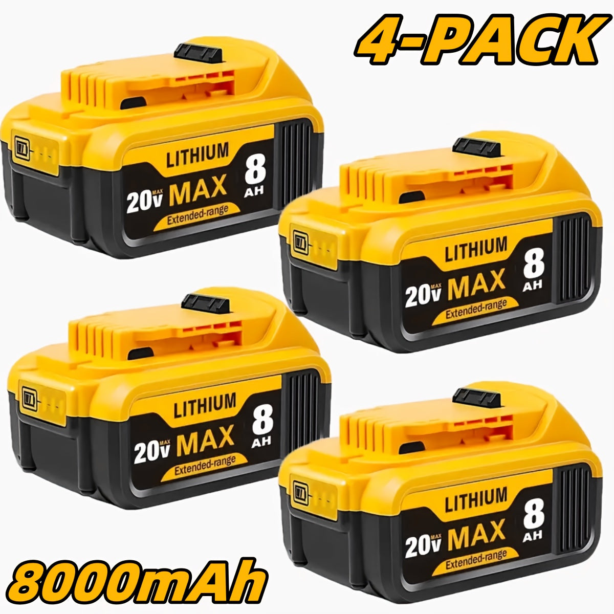 8.0Ah 20V Lithium-Ion Replacement Battery Compatible with DeWalt DCB200 DCB205 DCB206 – High Capacity 20V MAX Battery for DCD DCF DCG DCS Drills Saws Grinders, 1-Pack 2-Pack 4-Pack 6-Pack