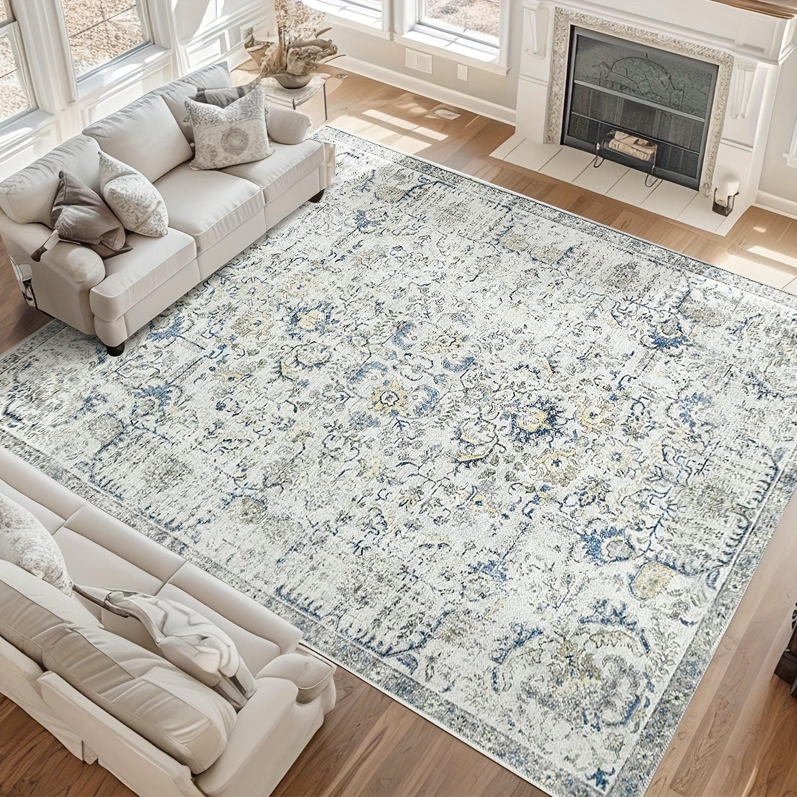 Vintage Boho Distressed Floral Area Rug – Machine Washable, Non-Slip Backing, Stain Resistant – Retro Oversized Accent Carpet for Living Room, Bedroom, Kitchen & Dining Room
