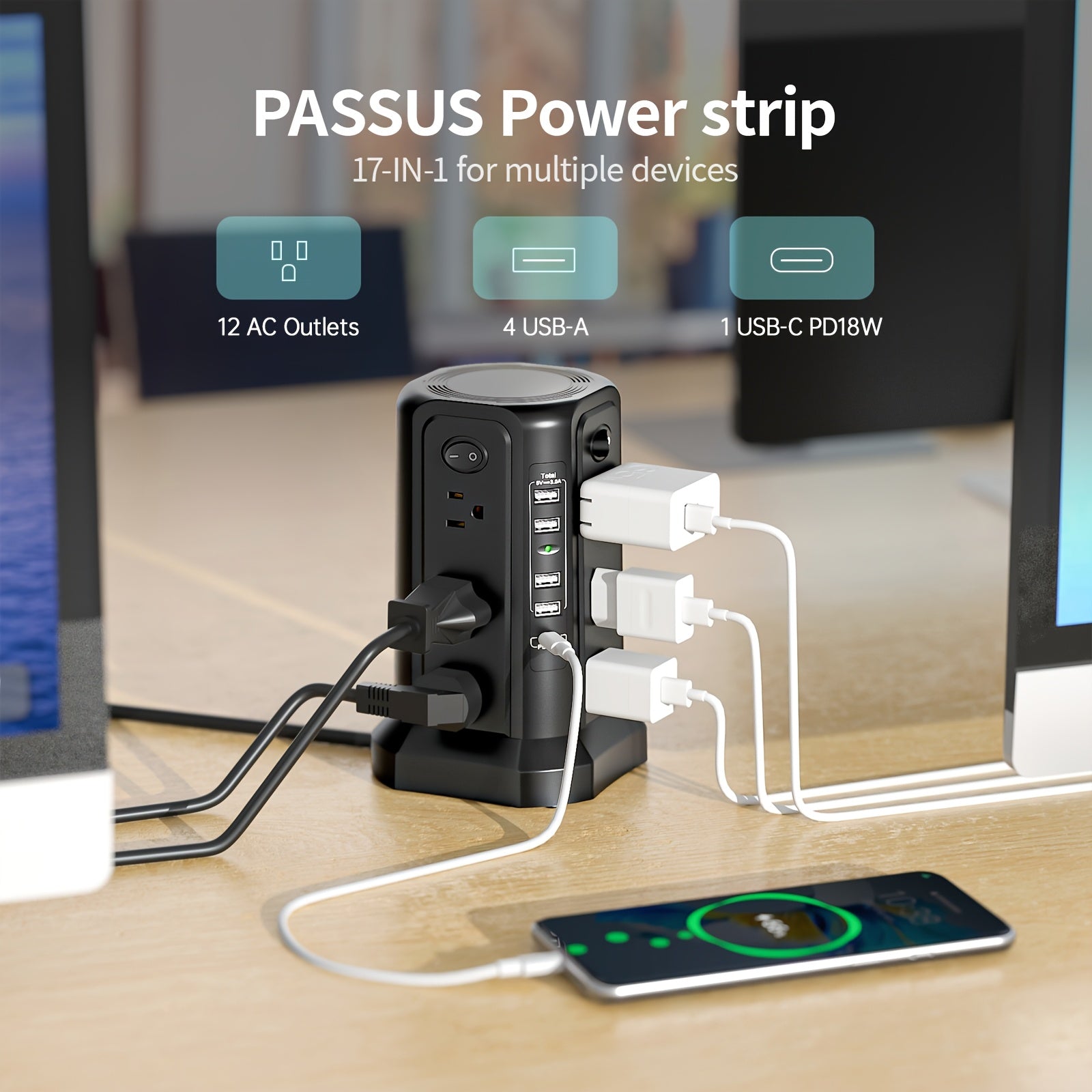 17-in-1 Surge Protector Power Strip with 12 AC Outlets & 5 USB Ports – PD 20W Fast Charging, 4-Zone Independent Switch, Touch Night Light, 6.5ft Extension Cord for Home Office Dorm Desk