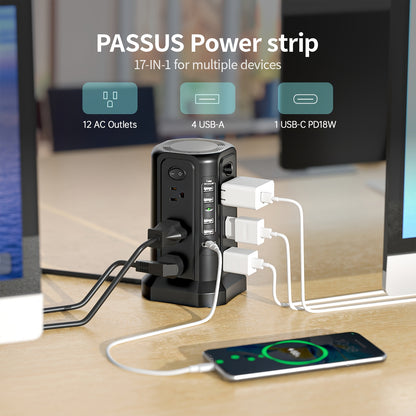 17-in-1 Surge Protector Power Strip with 12 AC Outlets & 5 USB Ports – PD 20W Fast Charging, 4-Zone Independent Switch, Touch Night Light, 6.5ft Extension Cord for Home Office Dorm Desk