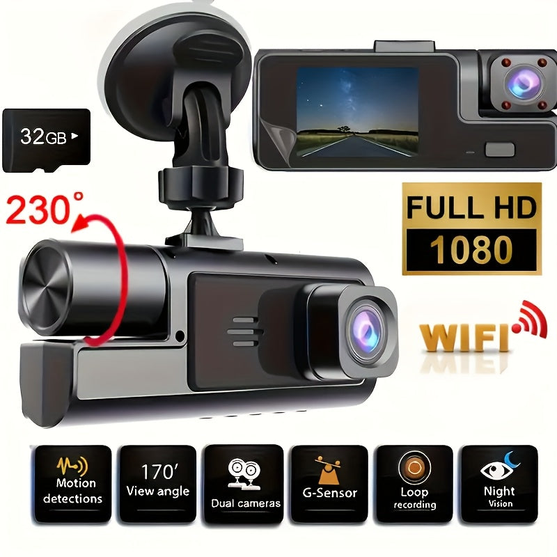 Dual Dash Cam Front 1080P And Cabin 720P, 170° Wide Angle, Night Vision, 24H Parking Monitor, G-Sensor, Loop Recording, Suction Cup Mount, Vehicle Recording, Compact Design, Reliable Recording, Longdistance Drivers, Christmas And Halloween Gift