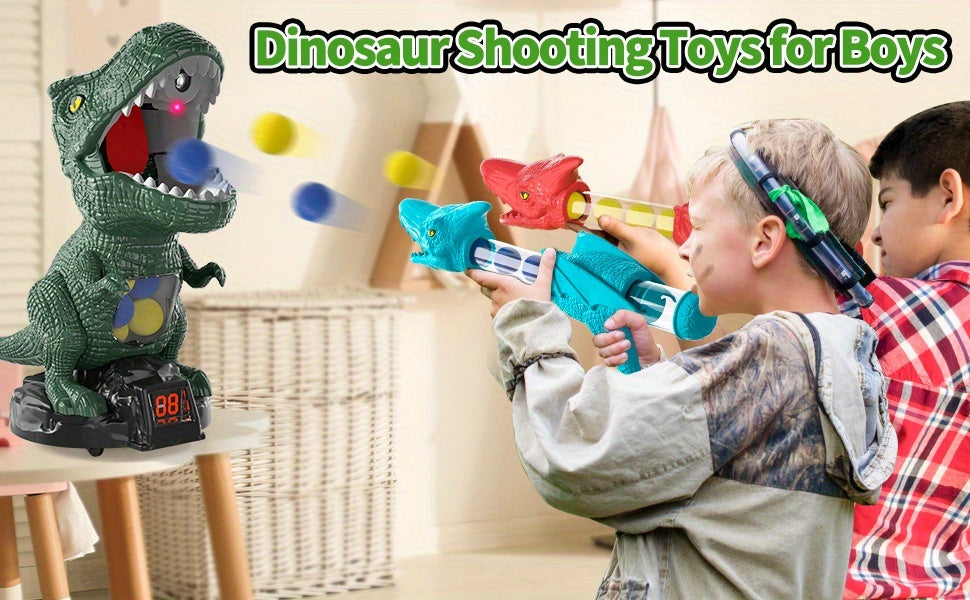 Dinosaur Shooting Game Toy with 48 Bullets, 2 Launchers & Goggles – Movable Dino with Sound, Light & Spray Effect, Interactive Outdoor Toy for Boys Ages 3 and Up