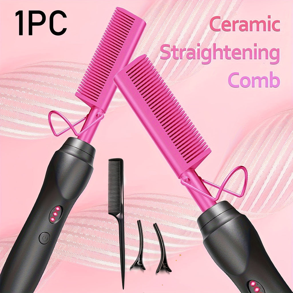 Electric Straightening Comb with Anti-Scald Pressing - Portable Heated Curling Iron, Multifunctional Copper Hair Straightener Brush Straightening Comb for Wet & Dry Hair Wigs Women Men Brush, Holiday Gifts