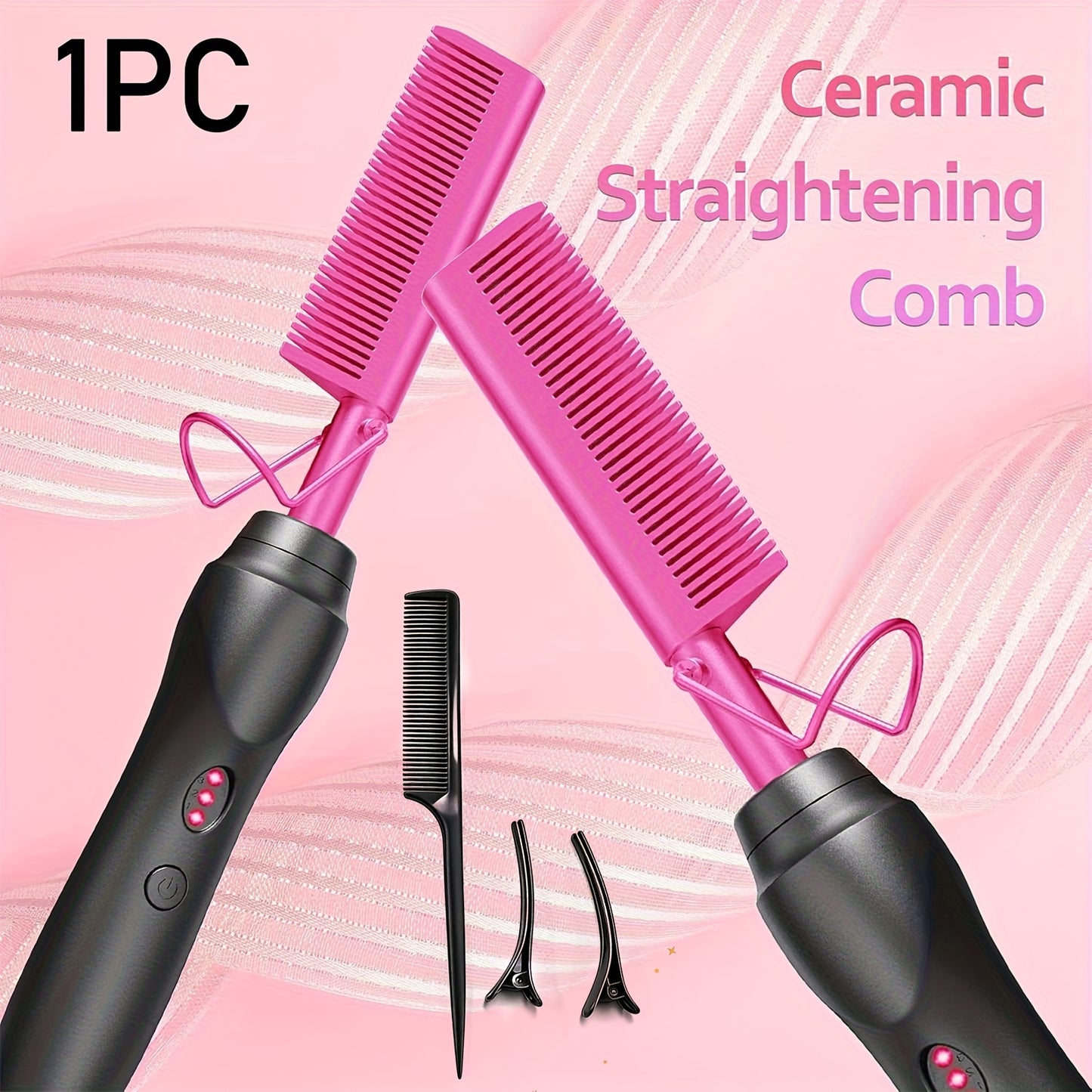 Hair Straightener Brush Electric Straightening Comb with Anti-Scald, Portable Heated Curling Iron for Wet & Dry Hair, Copper Plates, Works on Wigs – Women Men, Holiday Gift