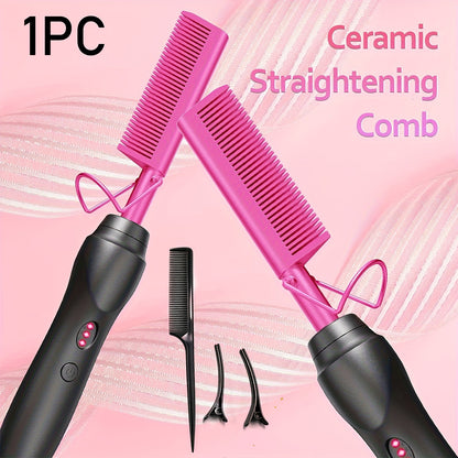 Hair Straightener Brush Electric Straightening Comb with Anti-Scald, Portable Heated Curling Iron for Wet & Dry Hair, Copper Plates, Works on Wigs – Women Men, Holiday Gift