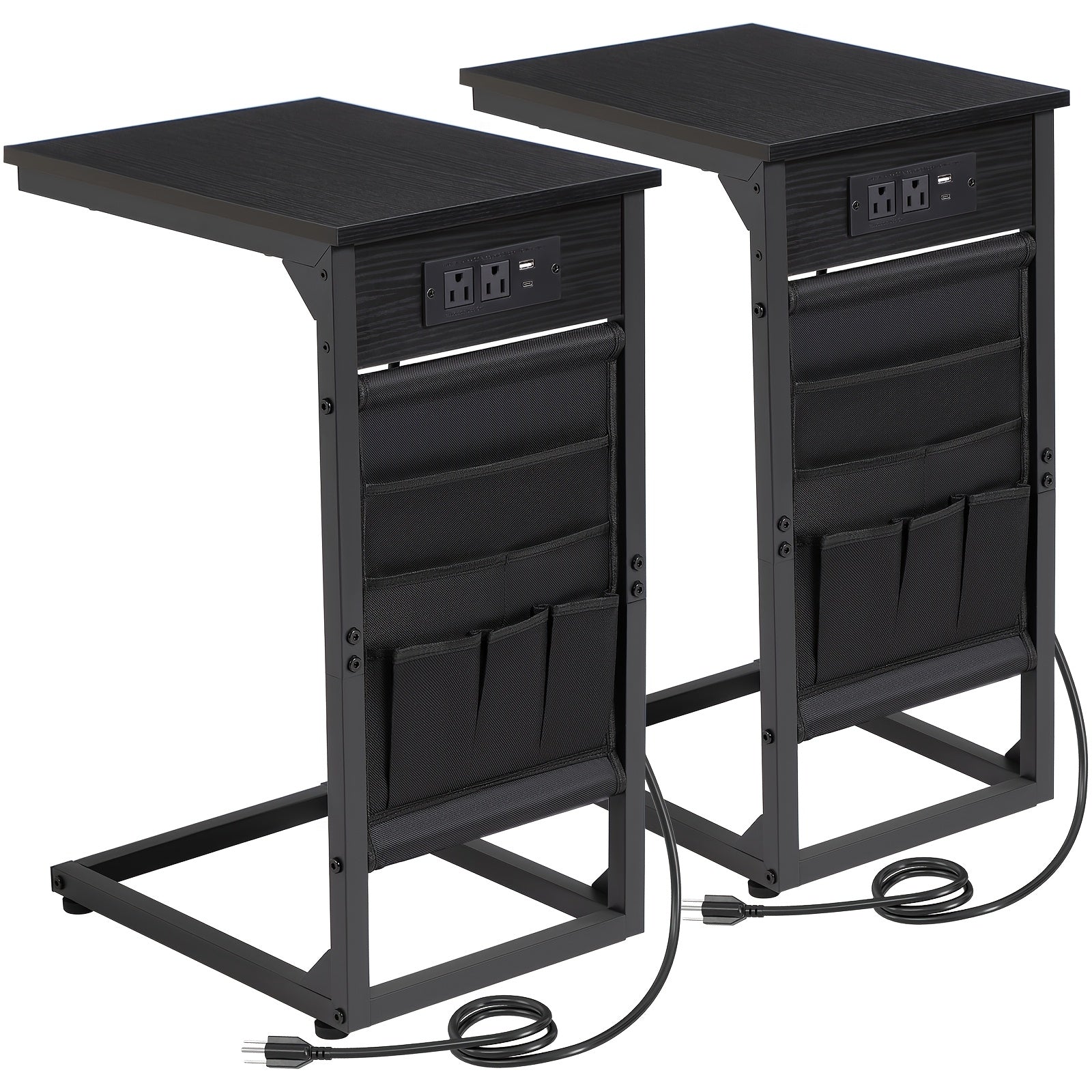 C Table Set of 2 with Charging Station & Storage Bag – Slide Under Sofa Side Table with 2 USB Ports & 2 Outlets, TV Tray Couch End Tables for Living Room