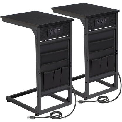 C Table Set of 2 with Charging Station & Storage Bag – Slide Under Sofa Side Table with 2 USB Ports & 2 Outlets, TV Tray Couch End Tables for Living Room