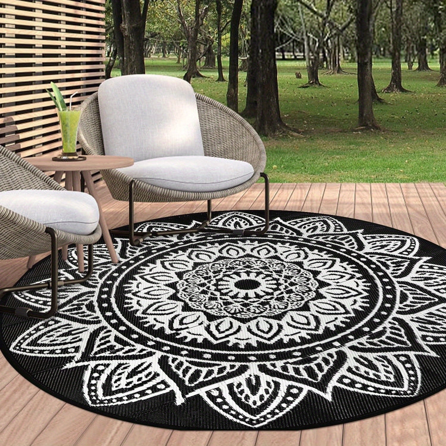 Round Boho Outdoor Rug Reversible Circle Patio Carpet – Lightweight Portable Outdoor Area Rug for Patio, Balcony, Camping & Backyard, Bohemian Style Weatherproof Floor Mat