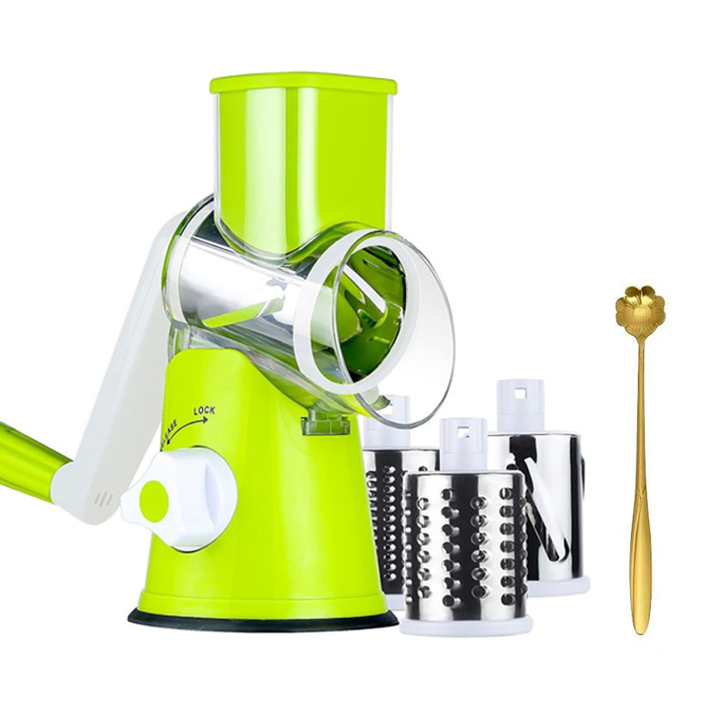 4-Piece Hand-Crank Drum Vegetable Cutter & Slicer – Manual Multi-Functional Kitchen Vegetable Chopper with Interchangeable Drums for Shredding, Slicing & Grating