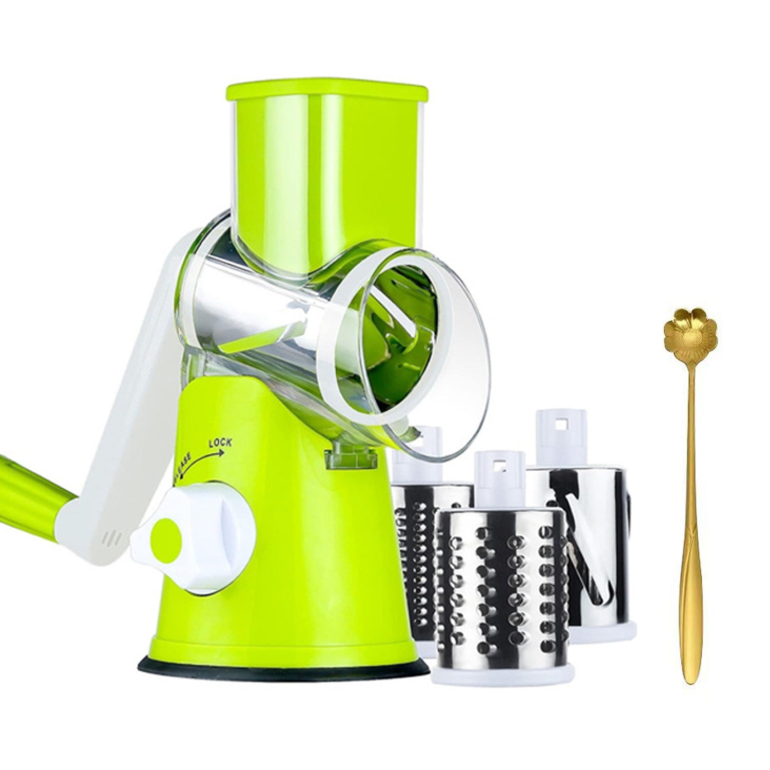 4-Piece Hand-Crank Drum Vegetable Cutter & Slicer – Manual Multi-Functional Kitchen Vegetable Chopper with Interchangeable Drums for Shredding, Slicing & Grating