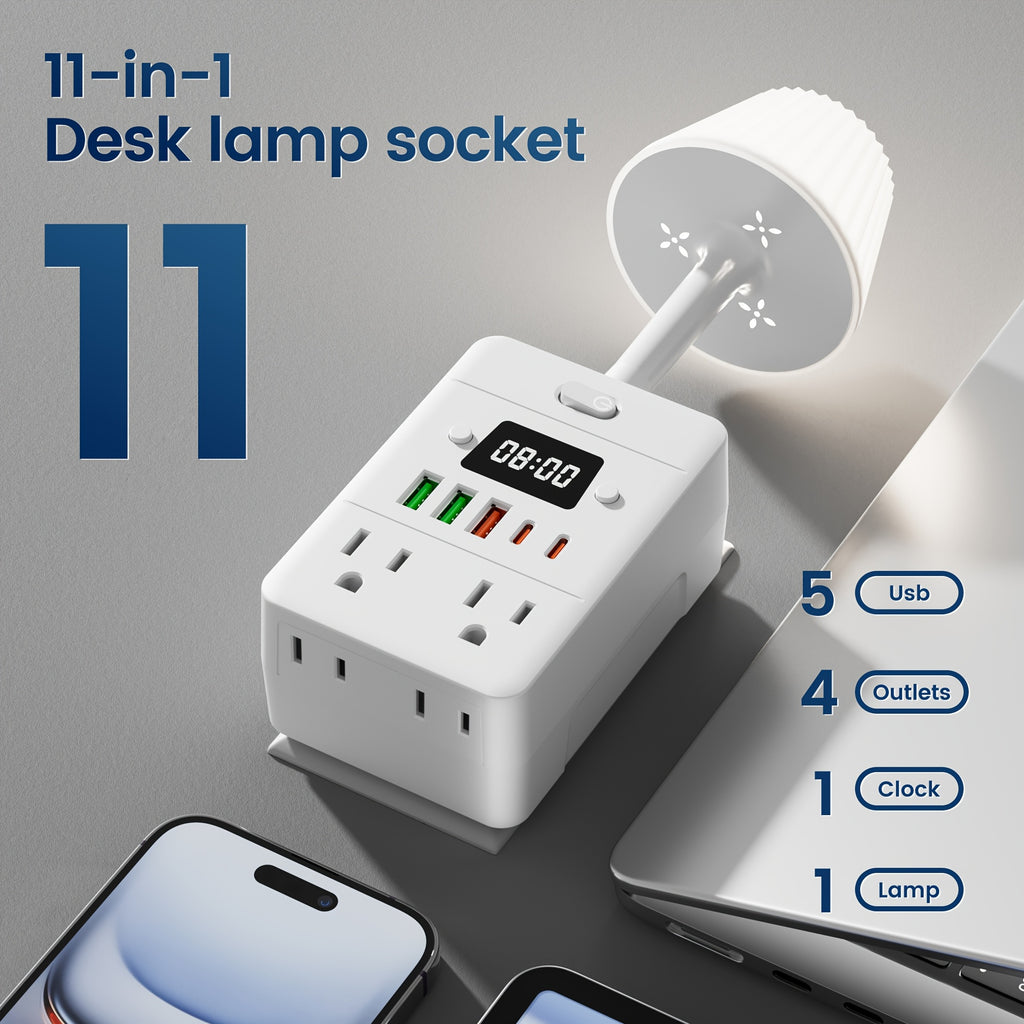 11-in-1 Multifunctional Power Strip with Built-in Overload Protection.1 Desk Lamp, 1 Digital Display Clock, 4 Power Outlets, 3 USB-A And 2 USB-C.Power Extender, Power Outlet Converter, Wall-mountable Desktop Charging Station for School, Home, Office.