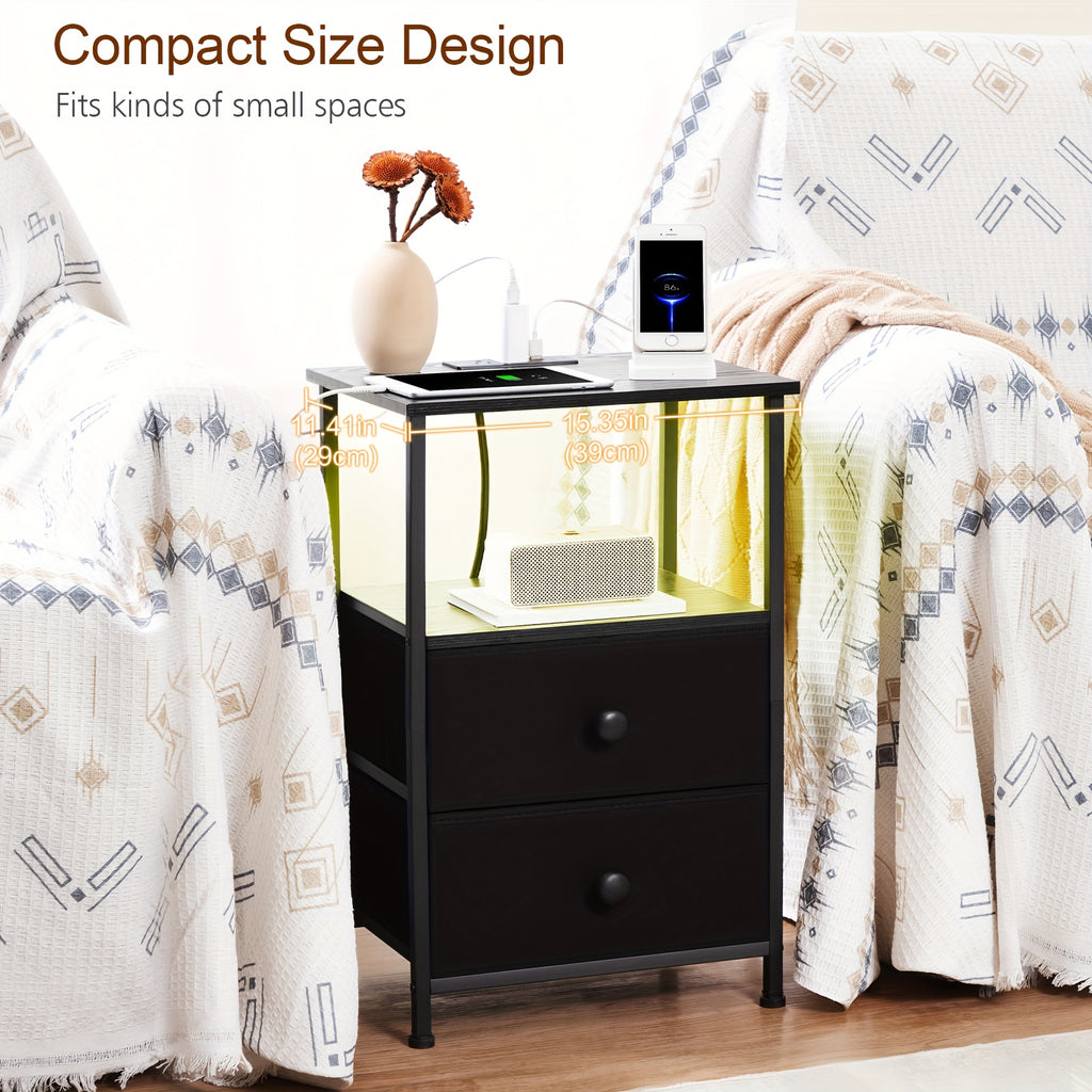 AMHANCIBLE 1/2pcs Bedside Table with Charging Station, End Table, with 2 Drawers, Small Bedroom Side Table, 4 Layers Storage Bedside Table, Suitable for Bedroom, Living Room. Black, Brown