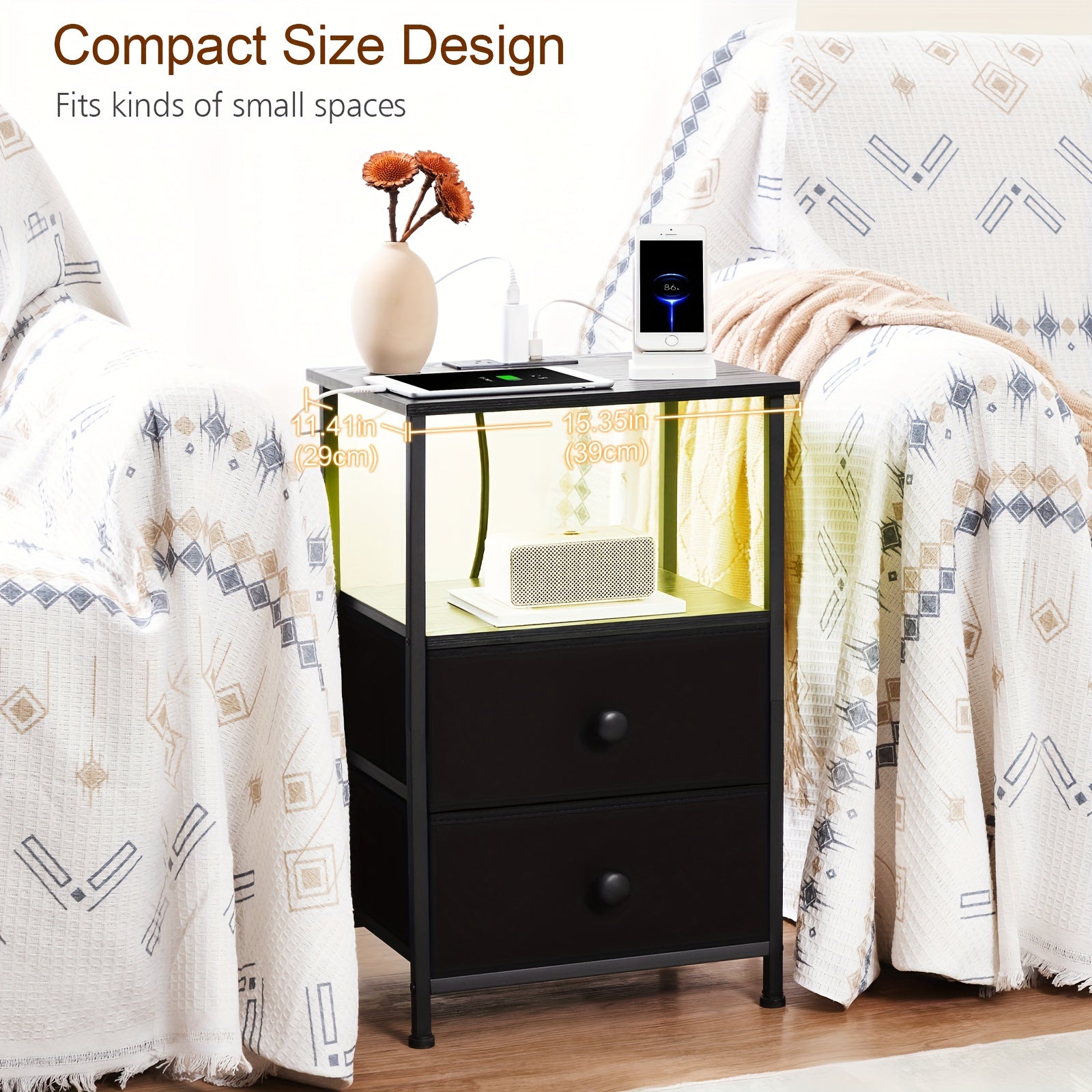 AMHANCIBLE 1/2pcs Bedside Table with Charging Station, End Table, with 2 Drawers, Small Bedroom Side Table, 4 Layers Storage Bedside Table, Suitable for Bedroom, Living Room. Black, Brown
