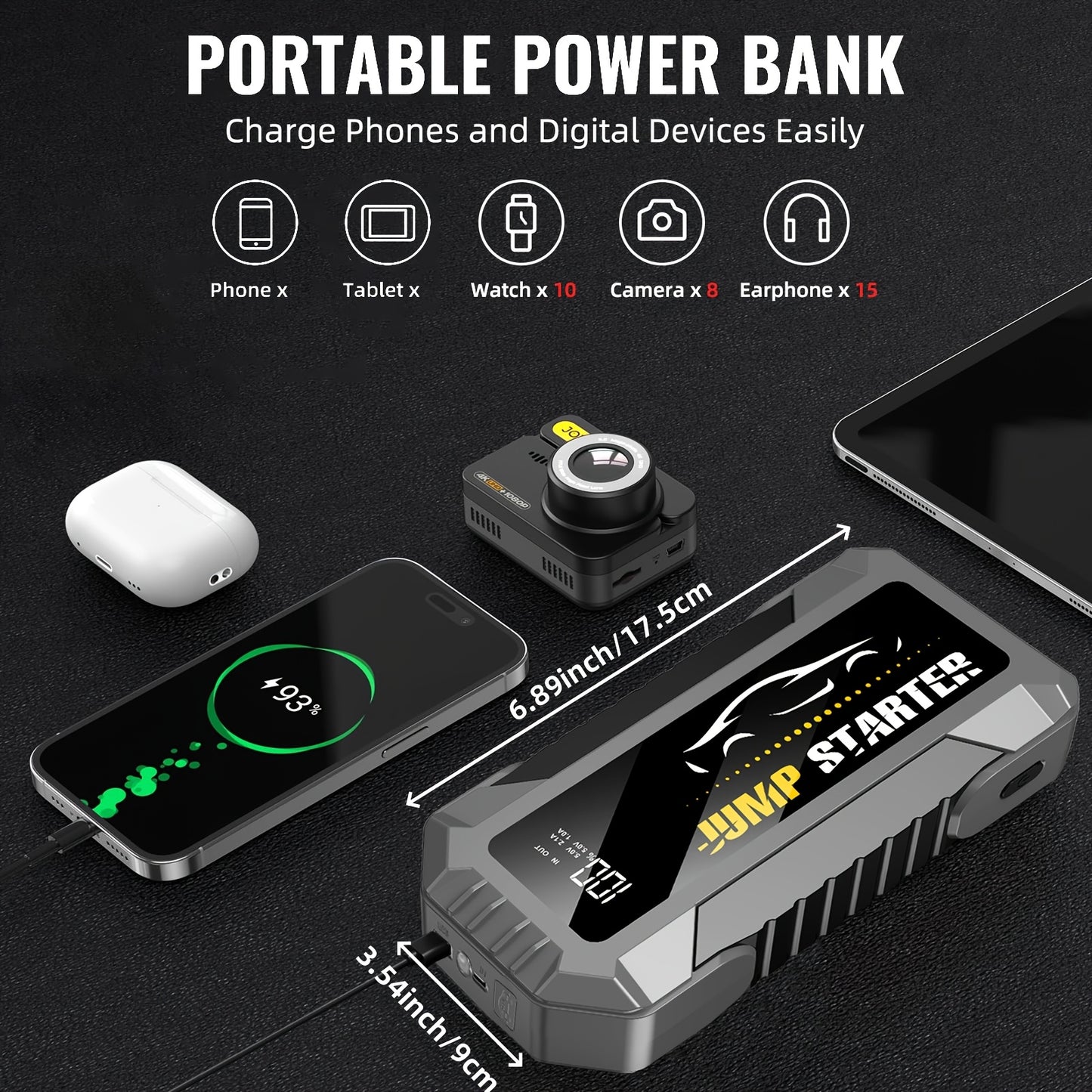 7000A Peak Portable Car Jump Starter 29800mAh with Air Pump, Tire Inflator, LED Flashlight, Power Bank & LCD Screen – Fits All 12V Vehicles up to 8L Gas/7L Diesel