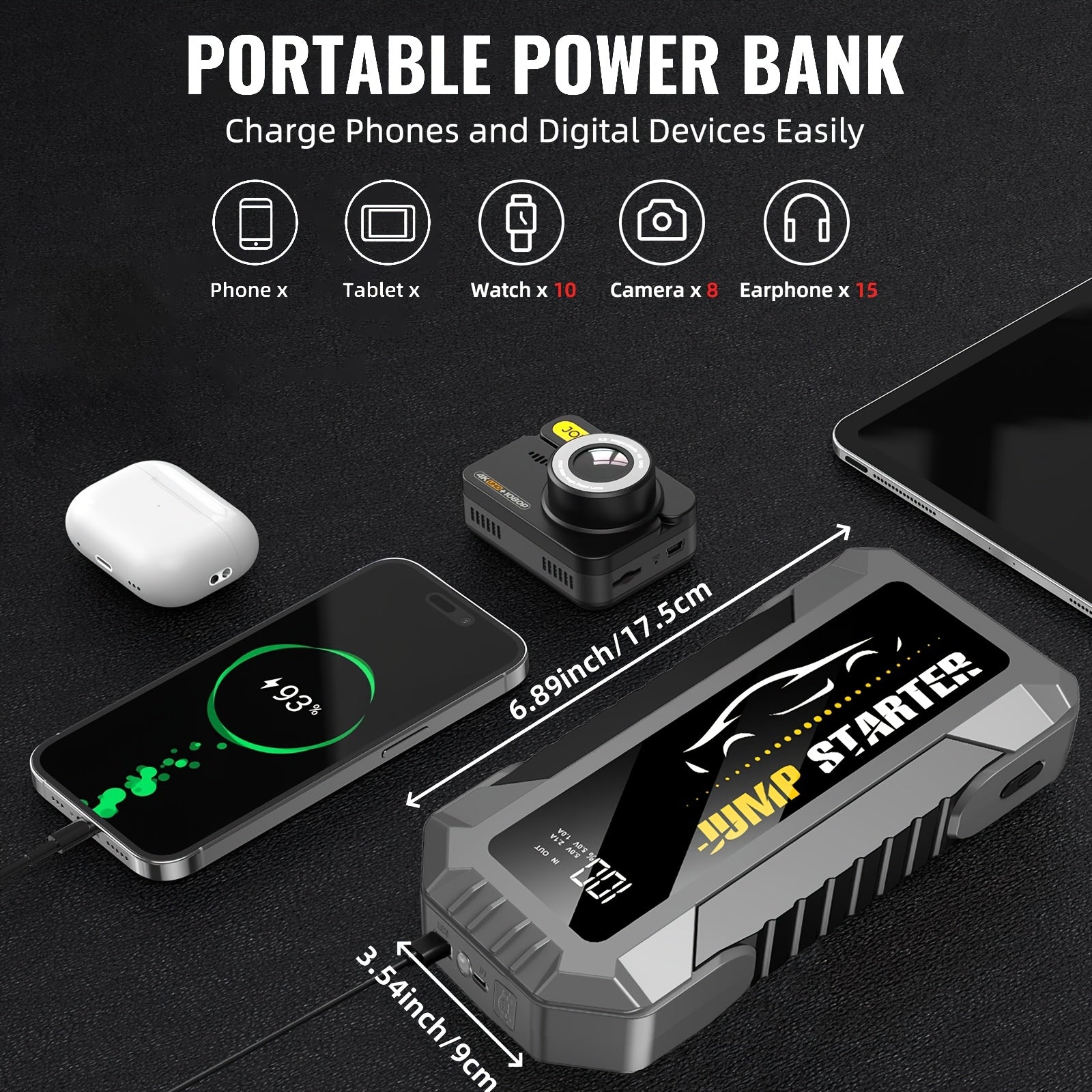 7000A Peak Car Jump Starter Only Optional 7000A Peak Portable Car Jump Starter With Air Pump, Jump Starter Para, Car Accessories Tools, LED Light, Tire Inflator Battery Booster With Led Flashlight And Jumper Cable, Car Battery Charger, Power Bank