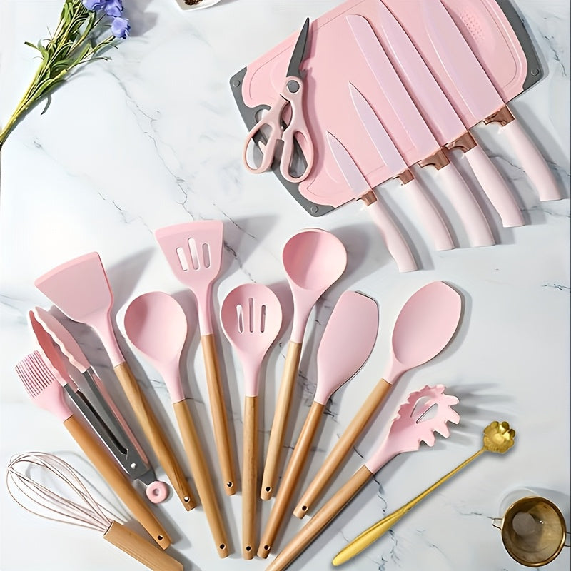 20-Piece Kitchen Cooking Utensils & Knife Set with Block – 11pc Silicone Utensil Set, 5 Stainless Steel Chef Knives, Scissors, Whisk, Spoon & Cutting Board | 5 Colours | ShopVora CA