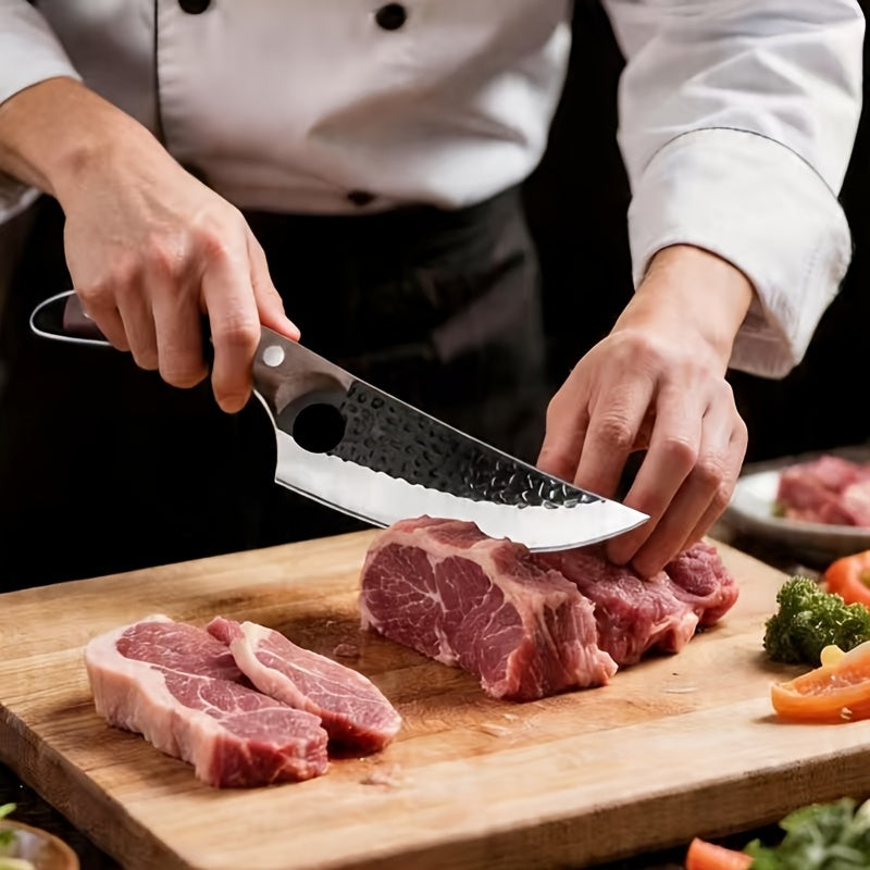 Hand-forged Chef's Knife with Hammered Pattern, Full-tang Curved Handle, Includes Leather Sheath And Gift Box; Ideal for Meat, Fish, Vegetables, Professional Outdoor Use, Stylish, Sturdy Riveted Handle