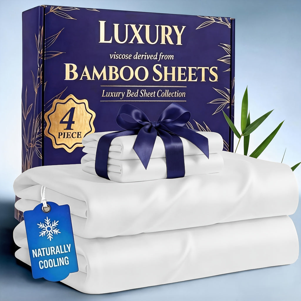 4pcs Bamboo Cooling Bed Sheets Set - Soft, Lightweight And Breathable For Hot Sleeper, Deep Pocket 16.14inch Fitted Sheet, Flat Sheet And 2 Pillowcases, Best For Bedroom Kids Room Child