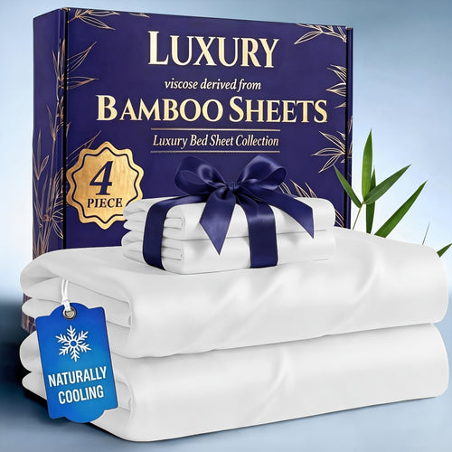 Bamboo Cooling Bed Sheets Set 4-Piece – Soft Lightweight Breathable Deep Pocket 16" Fitted Sheet for Hot Sleepers, Flat Sheet & 2 Pillowcases for Bedroom Kids Room