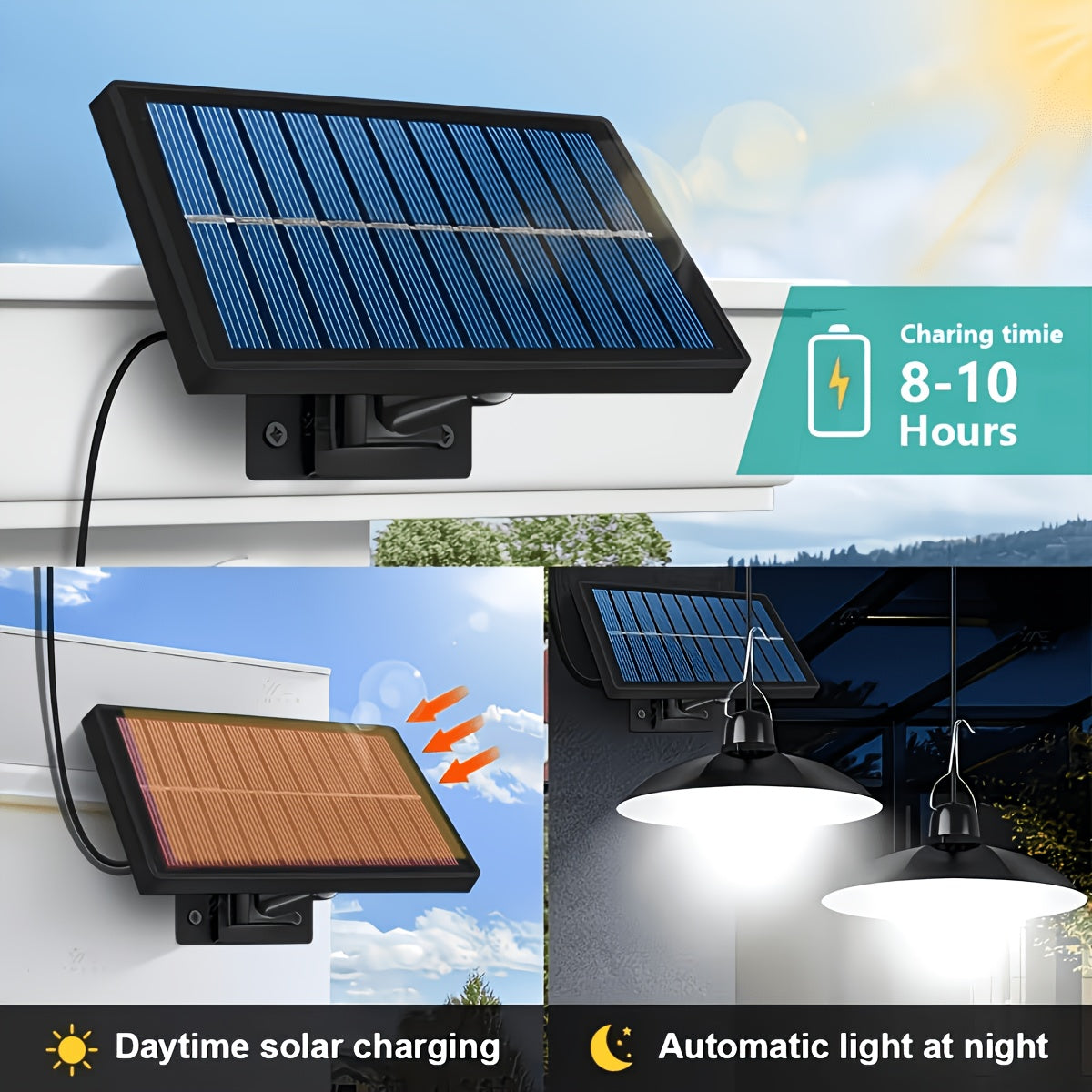 Solar Outdoor Roof Light IP55 Waterproof - Auto On/Off Dusk to Dawn Solar Chandelier Lamp for Gazebo, Barn, Chicken Coop, Courtyard, Garage, Campsite & Porch - Wireless Solar Hanging Light