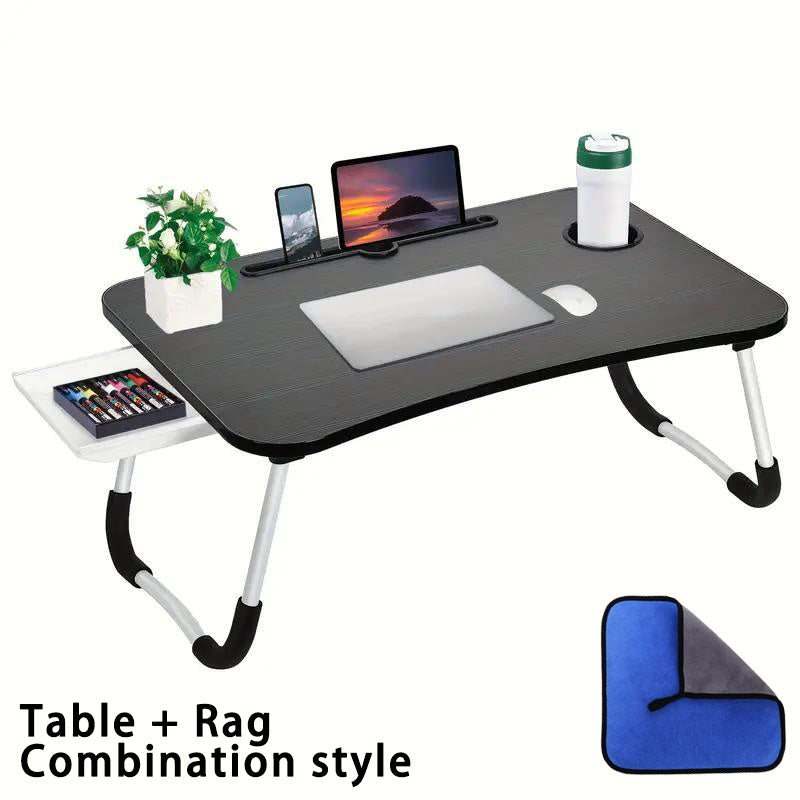 Laptop Bed Desk Set 2-Piece – Extra-Large Foldable Lap Tray Table with Cup Holder & Storage Drawer, Includes Cleaning Cloth, Adjustable Height, for Bed Sofa Floor – Walnut, Black, Pink & White