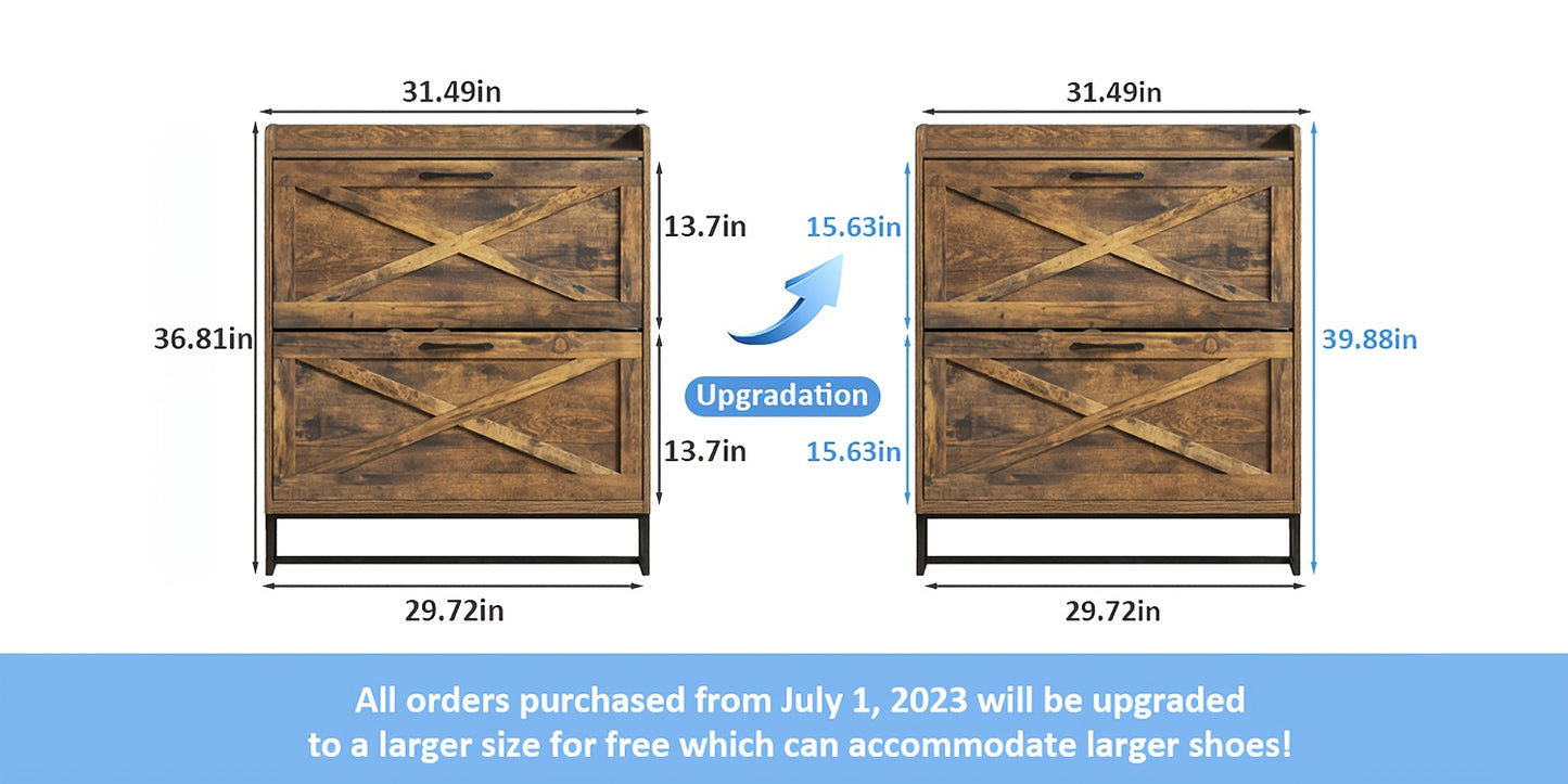 Entryway Shoe Cabinet Rustic Brown with 2 Flip Drawers & Open Shelf - Freestanding Narrow Shoe Rack Organizer Metal Legs Hidden Storage Holds 12-16 Pairs - Canada
