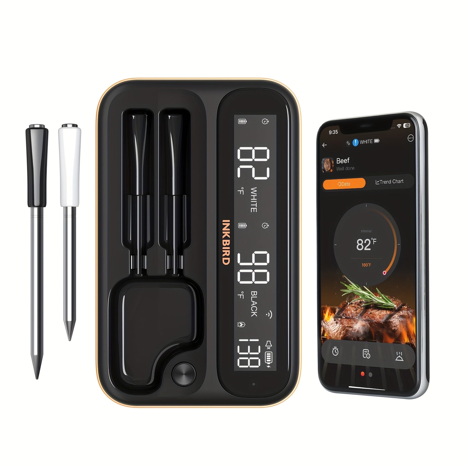Wireless Meat Thermometer with WiFi & LCD Display, 328ft Range, 28 Meat Presets & Temperature Alarm – Smart BBQ Thermometer with Probe for Grill Smoker Oven Rotisserie | Black & White | ShopVora CA