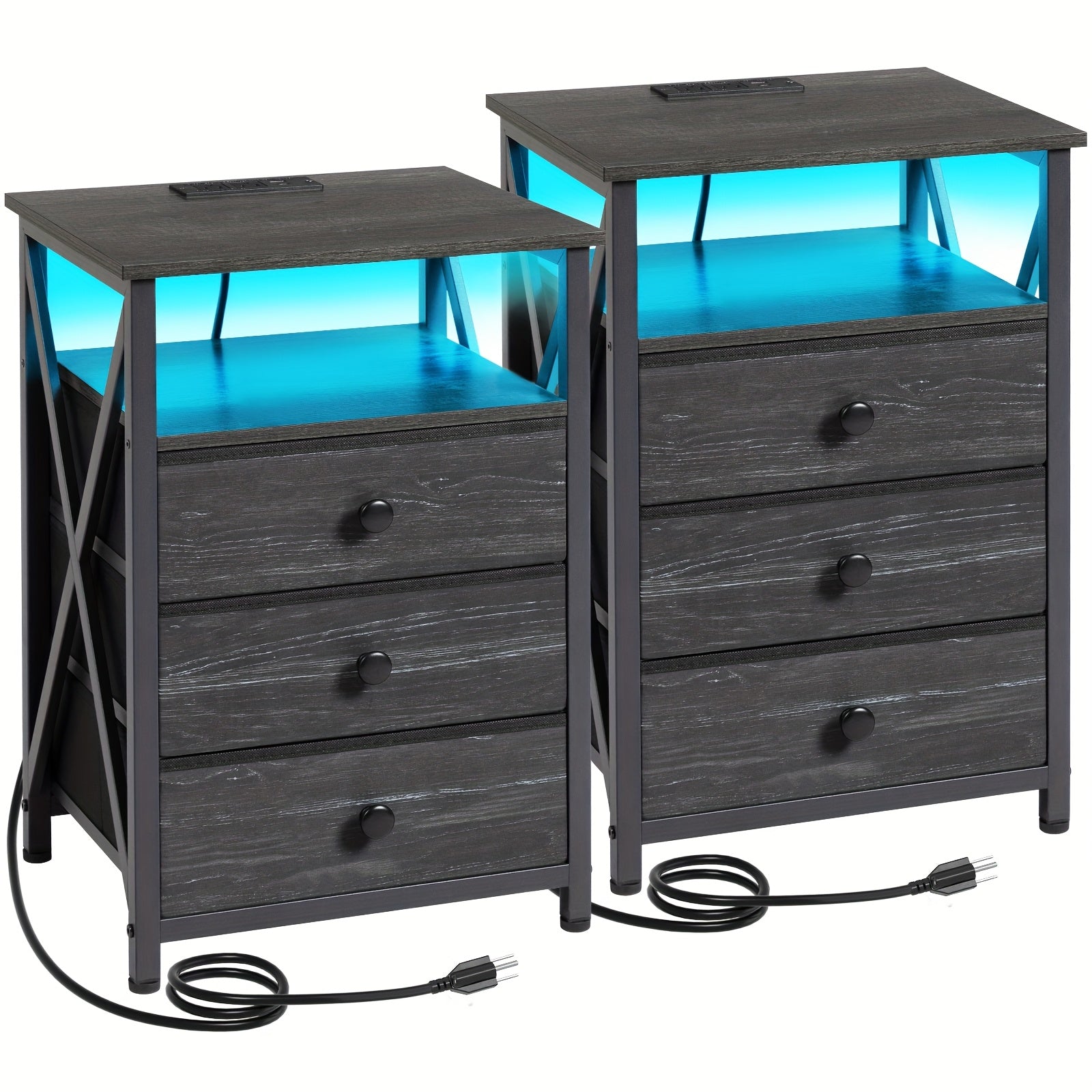 LED Nightstand with Charging Station & Fabric Drawers – Modern Bedside Table End Table for Bedroom Living Room, Better Storage (1pc or 2pcs Set)