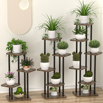 Wooden Tiered Plant Stand 4 5 or 6 Layer Flower Shelf Planter Rack in Black or White – Freestanding Indoor Multi-Tier Display Stand for Multiple Flower Pots, Living Room, Balcony & Home Decor