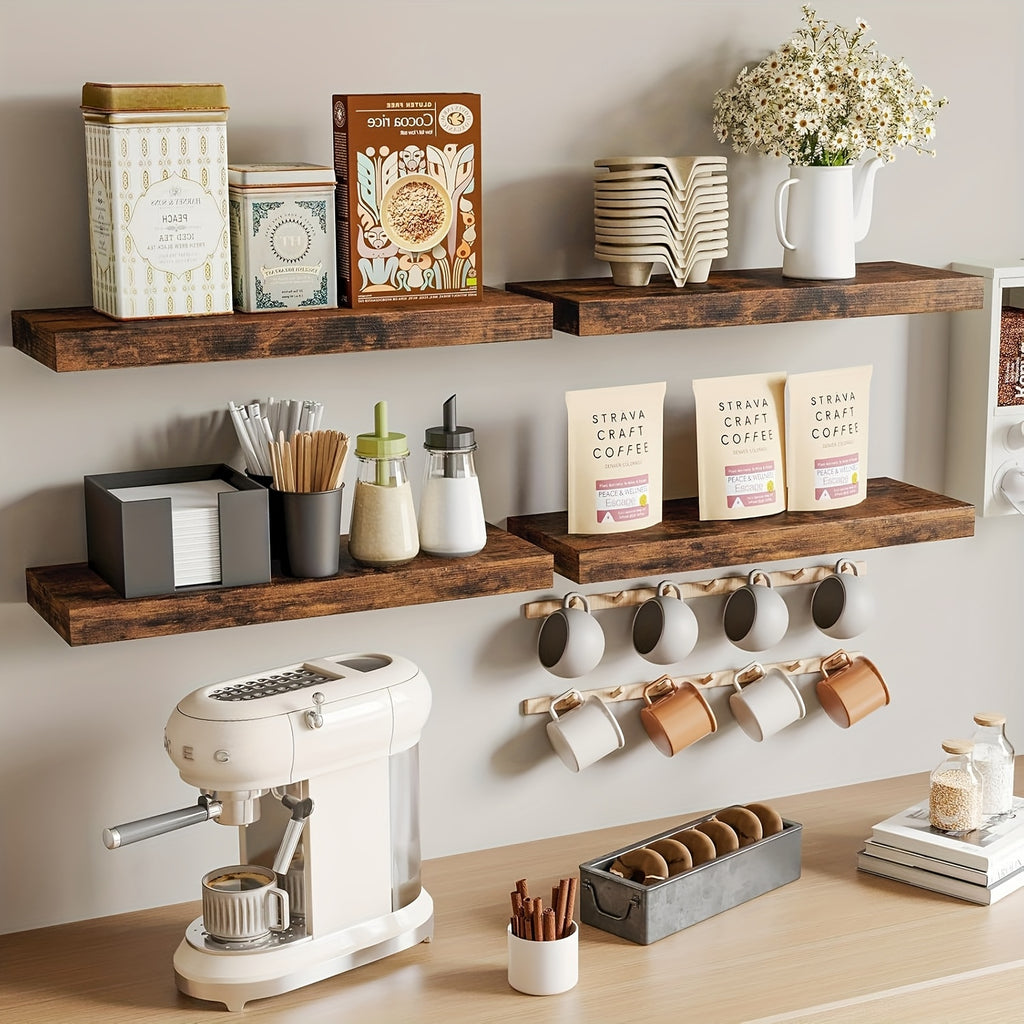 Easy Install Floating Shelves Wall Mounted, 4pcs Brown Multi-Purpose Shelf with Hidden Brackets, No Tools Needed Space Saver for Living Room, Bathroom, Kitchen Wall Decor, Utility Racks