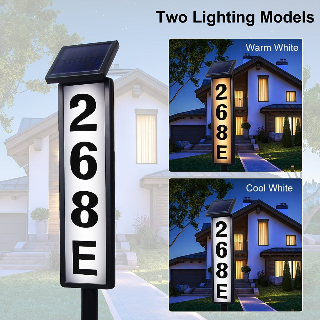 1pc Solar-Powered House Number Lamp with Pole - Auto On/Off Outdoor Address Light, Warm White (2700K) or Cool Daytime Lighting, Solar Address Sign with numerical, Durable PVC Construction for curb appeal, driveway, mailbox - Energy-Efficient Exterior Ligh