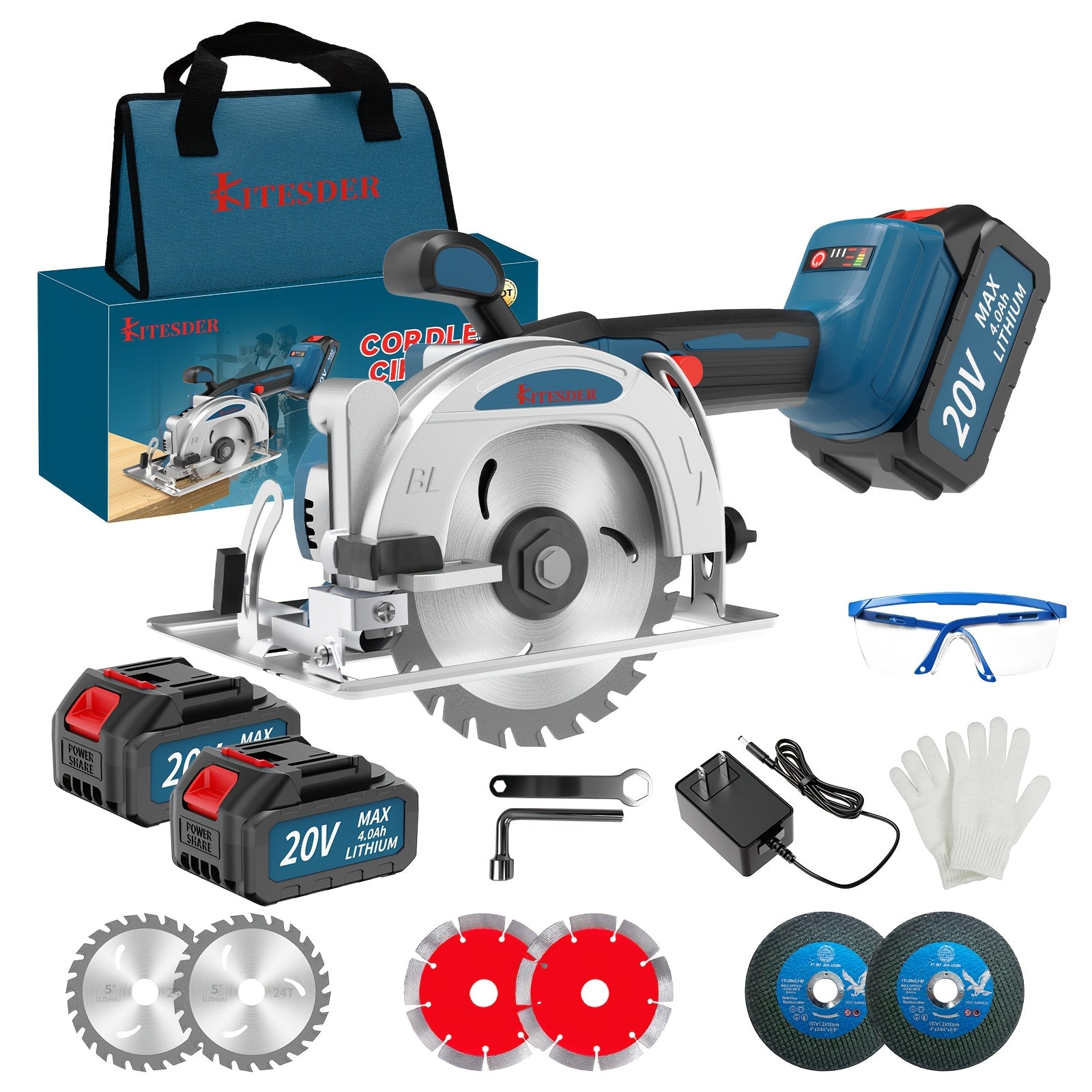 20V Circular Saw Cordless 4-1/2" with 6900RPM, 6 Saw Blades, Metal Auxiliary Handle, Circular Saw Kit with 2*2.0Ah Battery And Charger. Ideal for Wood, Soft Metal, Plastic, Drywwall, Tile