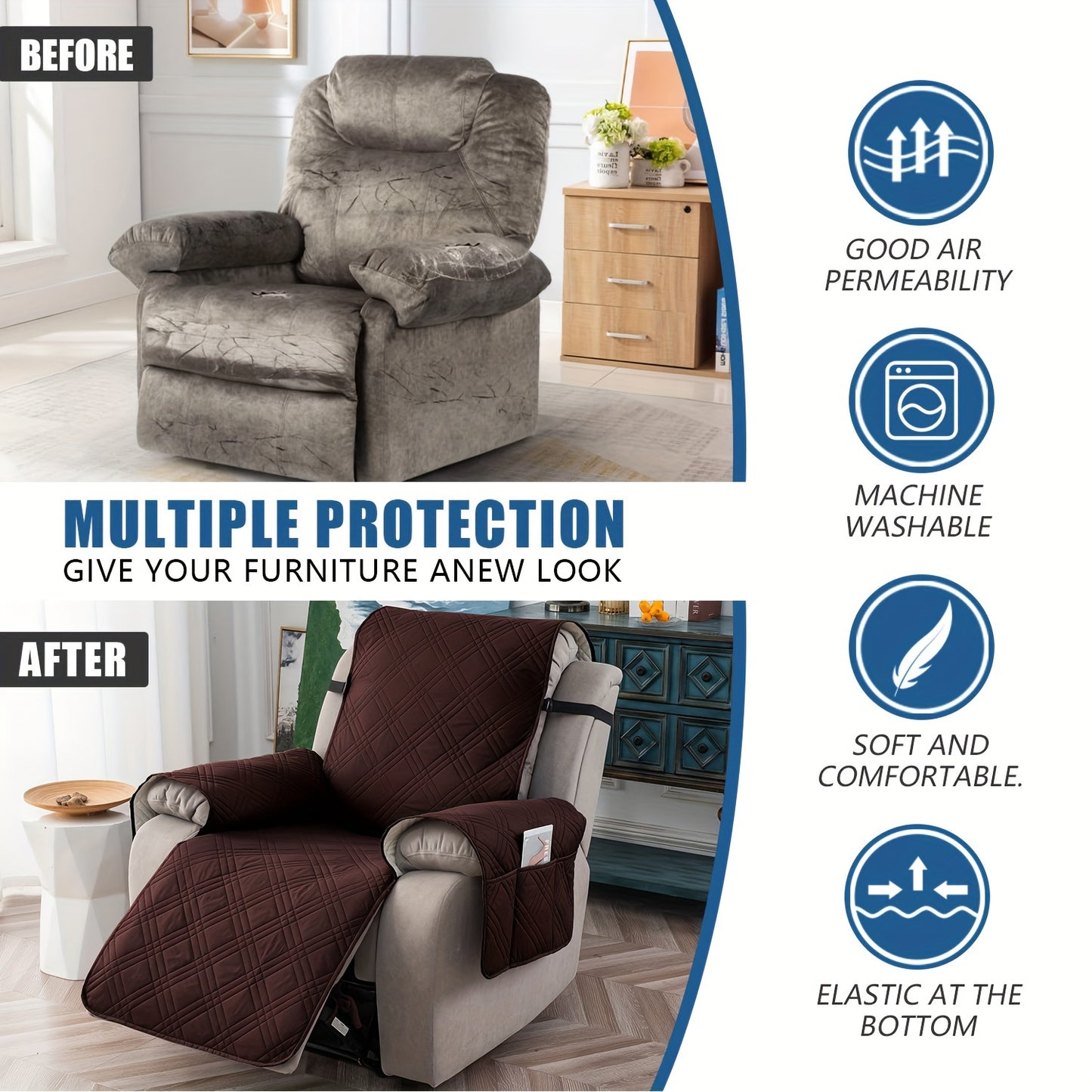 Waterproof Recliner Chair Cover Non-Slip Slipcover with Pocket – 5-Layer Quilted Furniture Protector for Pets, Washable, Easy Install, Elastic Straps – 9 Colours Including Black, Grey & Beige