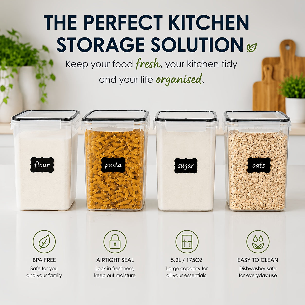 Large Airtight Food Storage Canisters Set of 4 – 5.2L/175oz BPA-Free Plastic Pantry Containers for Flour Sugar Rice Baking Supplies, with Lids, 4 Measuring Cups & 24 Labels – Black