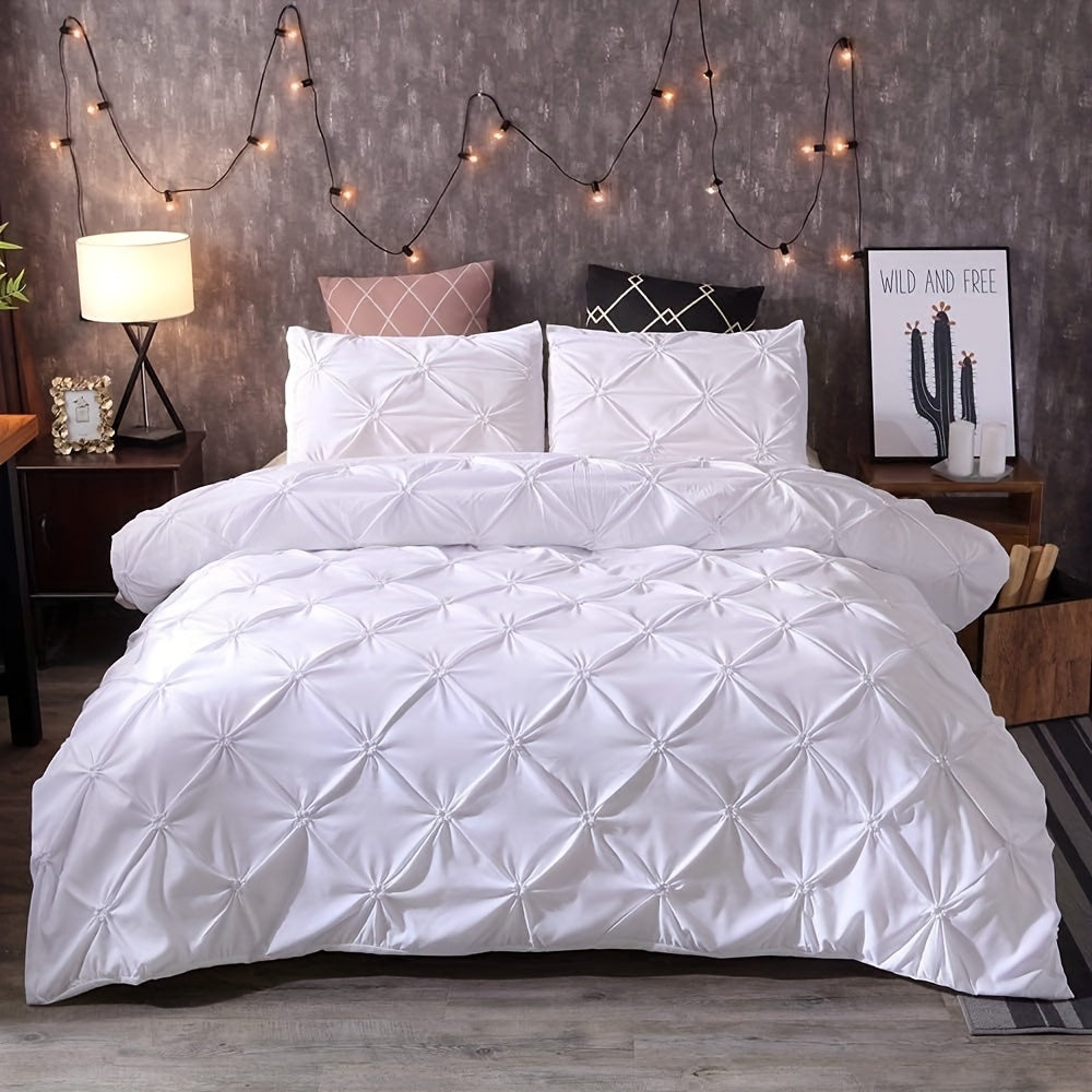 Pinch Pleat Tufted Duvet Cover Set 2/3pcs White – Geometric Comforter Cover with Pillow Shams, Soft All-Season Bedding for Bedroom Decor, Twin Full Queen King