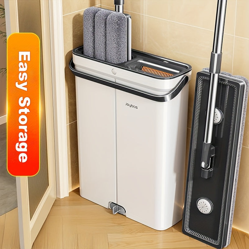 Flat Mop and Bucket with Wringer Set Hands-Free, Dual Compartment Wet Dry Separation Floor Cleaning System, 360° Rotating Head, 2 Reusable Microfiber Pads for All Floor Types Windows Walls