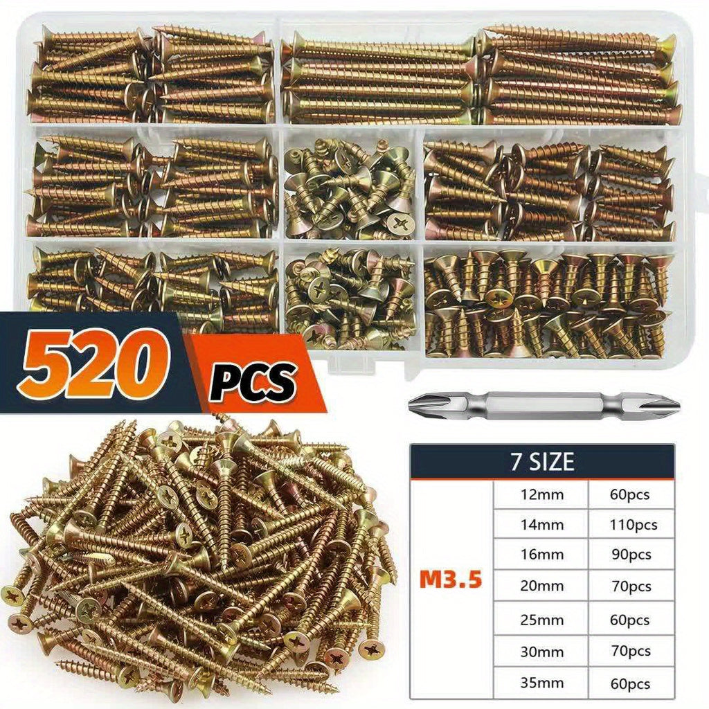 520pcs Countersunk Self-Tapping Screw Set, M3.5/12/14/16/20/25/30/35mm Multi-Size Dimensions, Color Phillips Head Design - Includes Screwdriver Bit, Multi-Functional And Durable, Suitable for Industrial, Home, And Furniture Applications