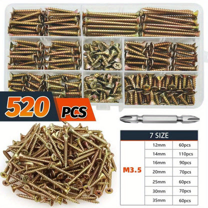 520pcs Countersunk Self-Tapping Screw Set – M3.5 Multi-Size 12–35mm, Colour-Coded Phillips Head, Includes Screwdriver Bit, for Industrial, Home & Furniture Applications | ShopVora CA