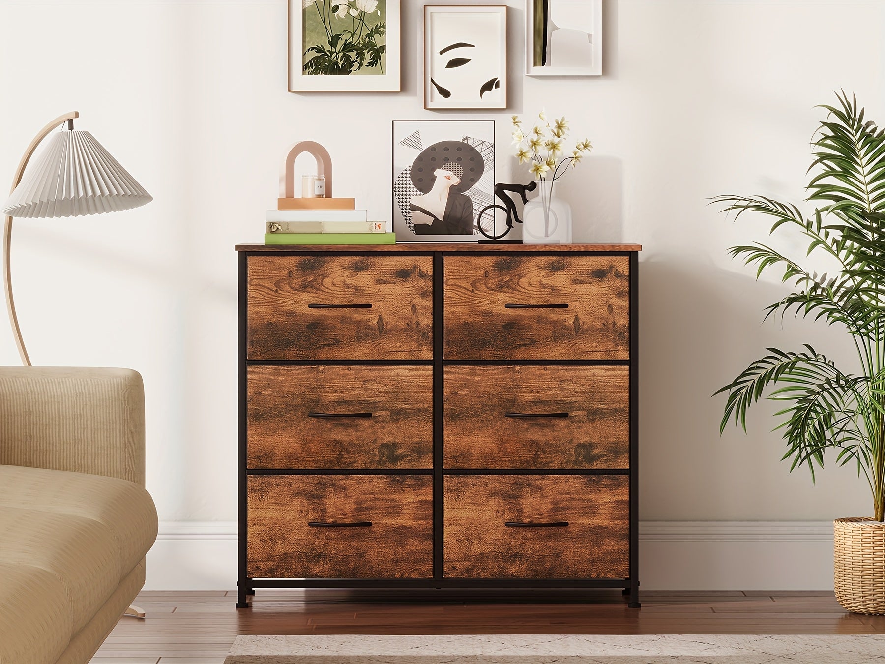 EUNOS Dresser for Bedroom with 6 Drawers, 3-Tier Wide Storage Chest of Drawers with Removable Fabric Bins for Closet Bedside Living Room Laundry Entryway Hallway