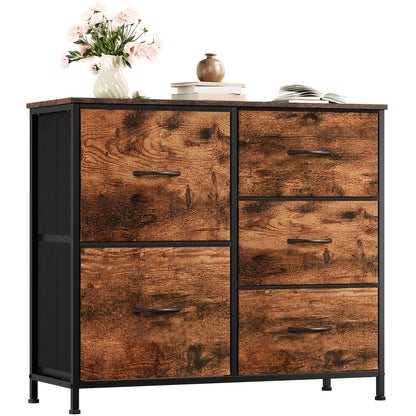 EUNOS Wide Dresser with 5 Drawers & Removable Fabric Bins - Large Storage Chest of Drawers for Bedroom, Closet, Bedside, Living Room, Laundry Room & Entryway Hallway Organization
