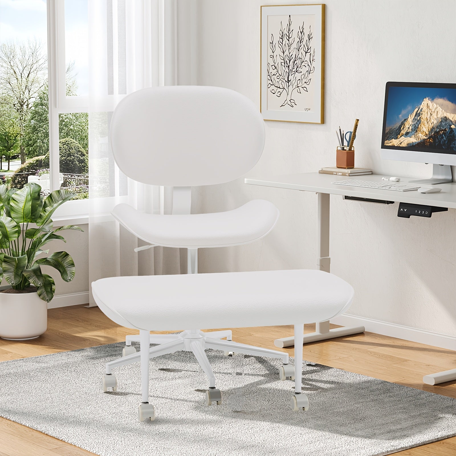 Cross Legged Chair - Meditation Chair with Wheels, ADHD Chair, Height Adjustable Seat, Adjustable Stool, Ergonomic Back Support, Flexible Design, Velvet White And PU Leather Black, Perfect Christmas Gift for Fidgety Sitters And Yoga Lover
