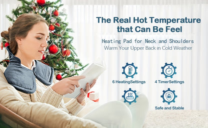 Electric Heating Pad for Neck Shoulders & Back – 6 Heat Settings, 4 Timers, Auto Shut-Off, Weighted Option, Soft Washable Cover, Pain Relief Gift for Women Men
