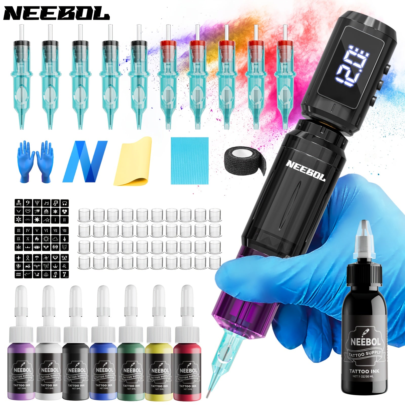 Wireless Rotary Tattoo Machine Complete Kit - 1500mAh Battery Tattoo Pen Gun with Cartridge Needles & Ink, Full Tattoo Supply Equipment for Beginners & Artists - Body Art Gift Set