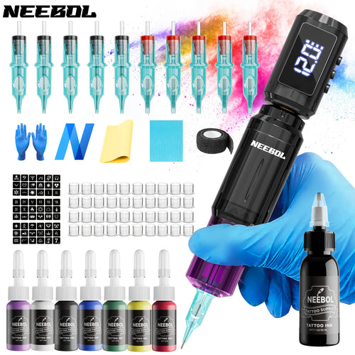 Wireless Rotary Tattoo Machine Complete Kit - 1500mAh Battery Tattoo Pen Gun with Cartridge Needles & Ink, Full Tattoo Supply Equipment for Beginners & Artists - Body Art Gift Set