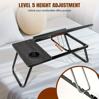 Foldable Laptop Bed Desk with USB Port – Portable Adjustable Lap Tray Table for Sofa Couch Floor, No Assembly, Study Work Eating Reading, Black Pink Walnut White